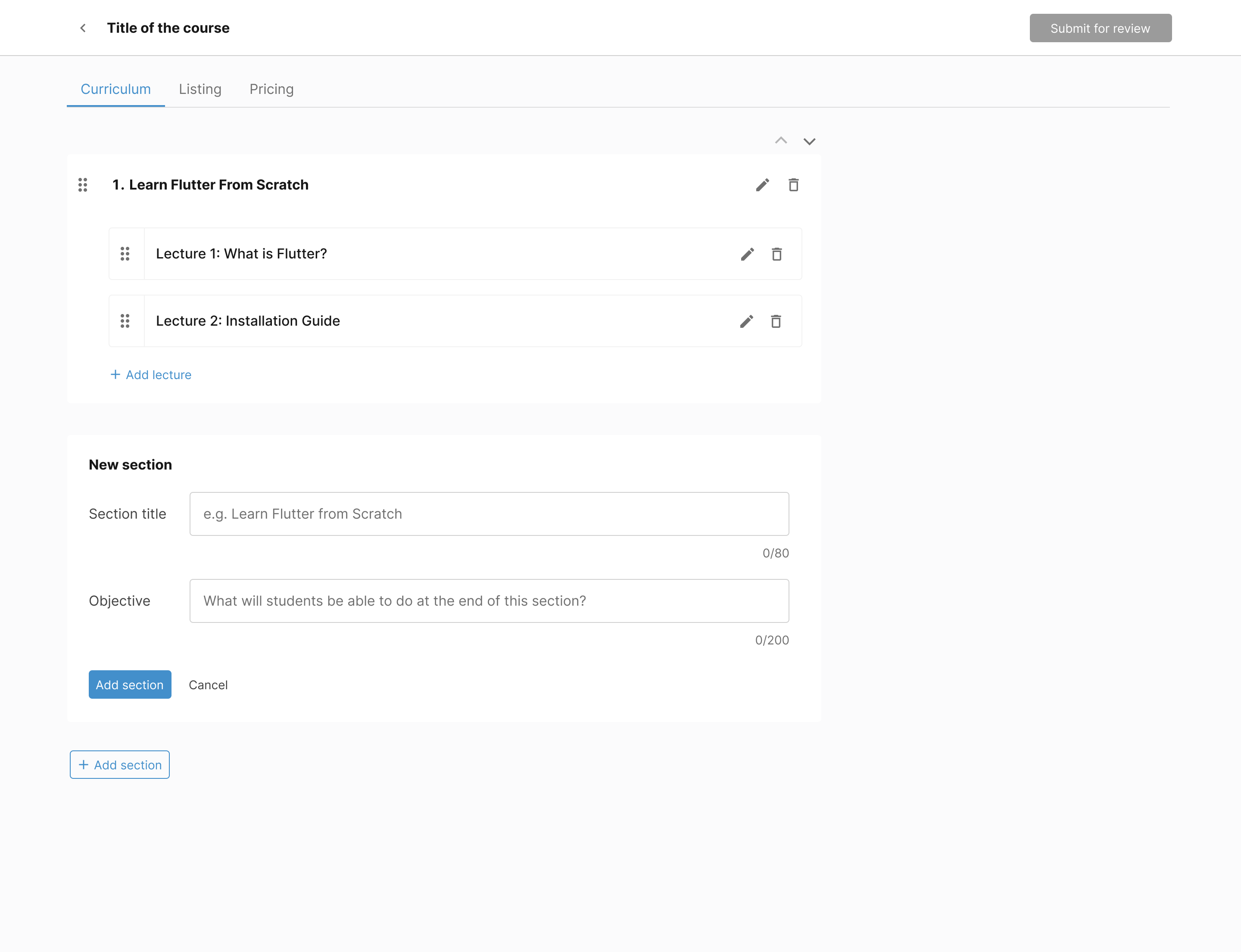 Admin user – course creation