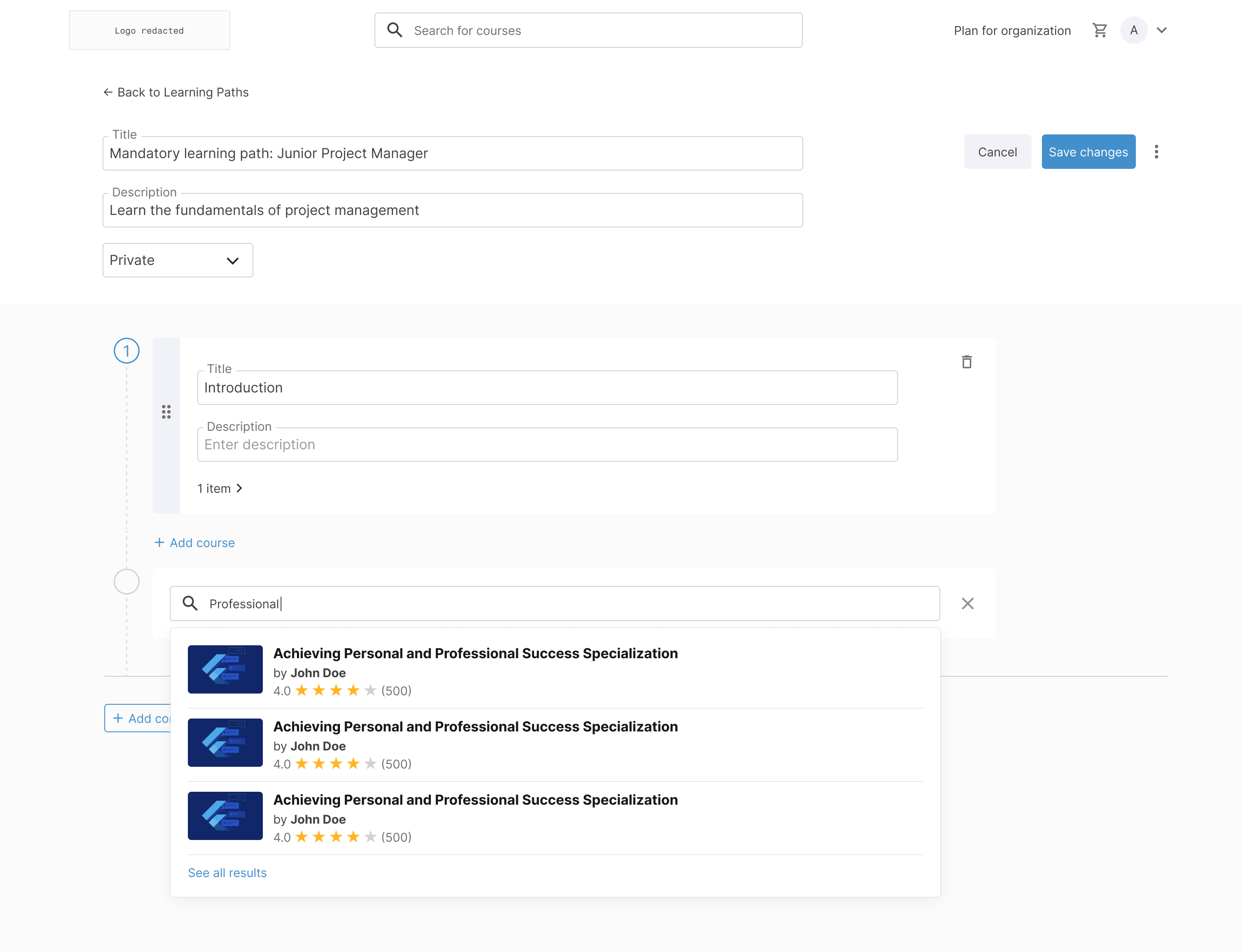 Admin user – learning paths